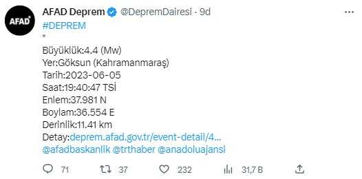 Son Dakika: Kahramanmaraş'ın Göksun ilçesinde 4.4 büyüklüğünde deprem meydana geldi. Son Dakika: Kahramanmaraş'ın Göksun ilçesinde 4.4 büyüklüğünde deprem meydana geldi.