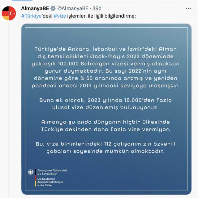 Almanya Büyükelçiliği'nden 'vize' açıklaması: Verilen vize sayısı geçen seneye göre yüzde 50 arttı
