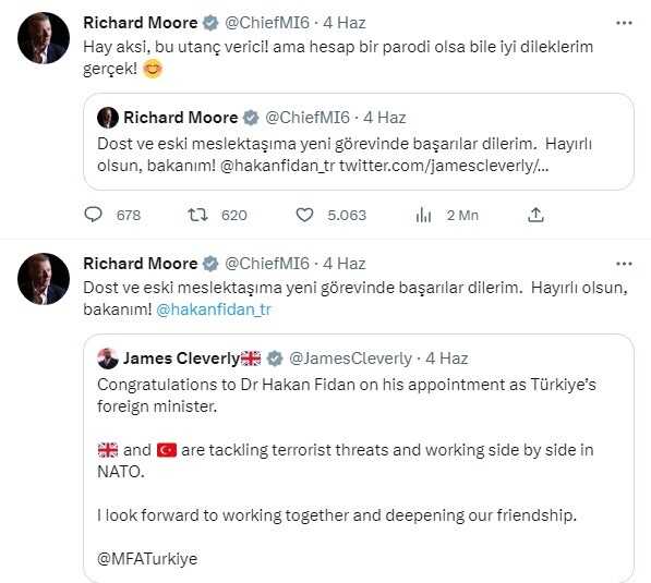 İngiltere Dış İstihbarat Servisi Başkanı, İbrahim Kalın'ı 'Bunun parodi bir Twitter hesabı olmadığına inanarak, MİT Başkanlığını tebrik ediyorum'dedi
