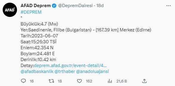 Bulgaristan'da 4.7 büyüklüğünde deprem! Edirne'de de hissedildi Bulgaristan'da 4.7 büyüklüğünde deprem! Edirne'de de hissedildi