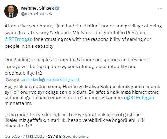 Mehmet Şimşek'ten bakanlık sonrası ilk paylaşım: Acil önceliğimiz, ekibimizi güçlendirmek ve güvenilir bir program tasarlamaktır