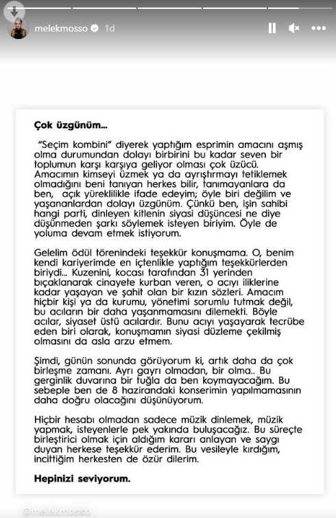Ödül konuşmasındaki sözleri tepki çeken Melek Mosso, konserini iptal etti