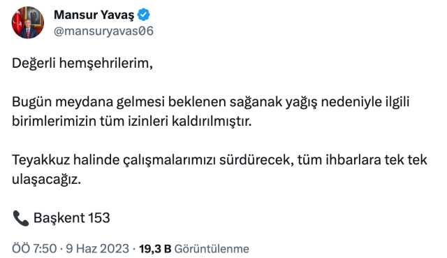 Ankara'da bugün beklenen yağış öncesi Mansur Yavaş tüm izinleri iptal etti Ankara'da bugün beklenen yağış öncesi Mansur Yavaş tüm izinleri iptal etti