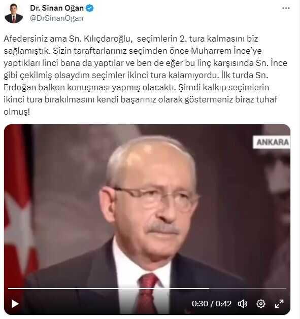 Sinan Oğan, Kılıçdaroğlu'nun sözlerine karşı çıktı: Senin başarın değil benim başarım Sinan Oğan, Kılıçdaroğlu'nun sözlerine karşı çıktı: Senin başarın değil benim başarım