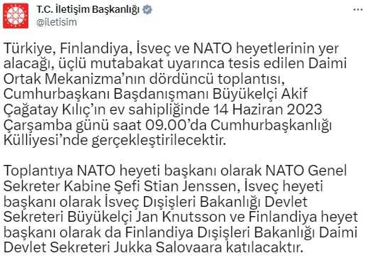 Türkiye, Finlandiya, İsveç ve NATO arasındaki dörtlü toplantı 14 Haziran'da Külliye'de yapılacak