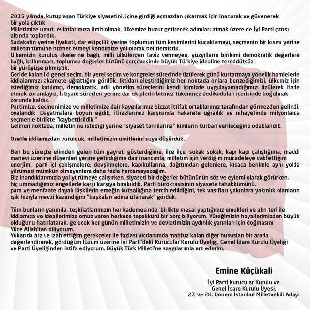 İYİ Parti Kurucular Kurulu üyesi Emine Küçükali istifa etti: Milletimizin ümitlerini suya düşürdük İYİ Parti Kurucular Kurulu üyesi Emine Küçükali istifa etti: Milletimizin ümitlerini suya düşürdük
