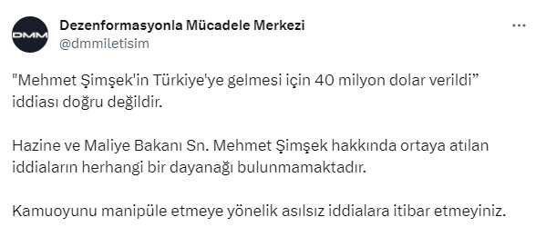 İletişim Başkanlığı, Mehmet Şimşek'e Türkiye'ye gelmesi 40 milyon dolar verildiği iddiasını yalanladı