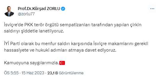 İYİ Parti'den İsviçre'de Cumhurbaşkanı Erdoğan ve Türk bayrağına yapılan çirkin saldırıya tepki: Şiddetle lanetliyoruz