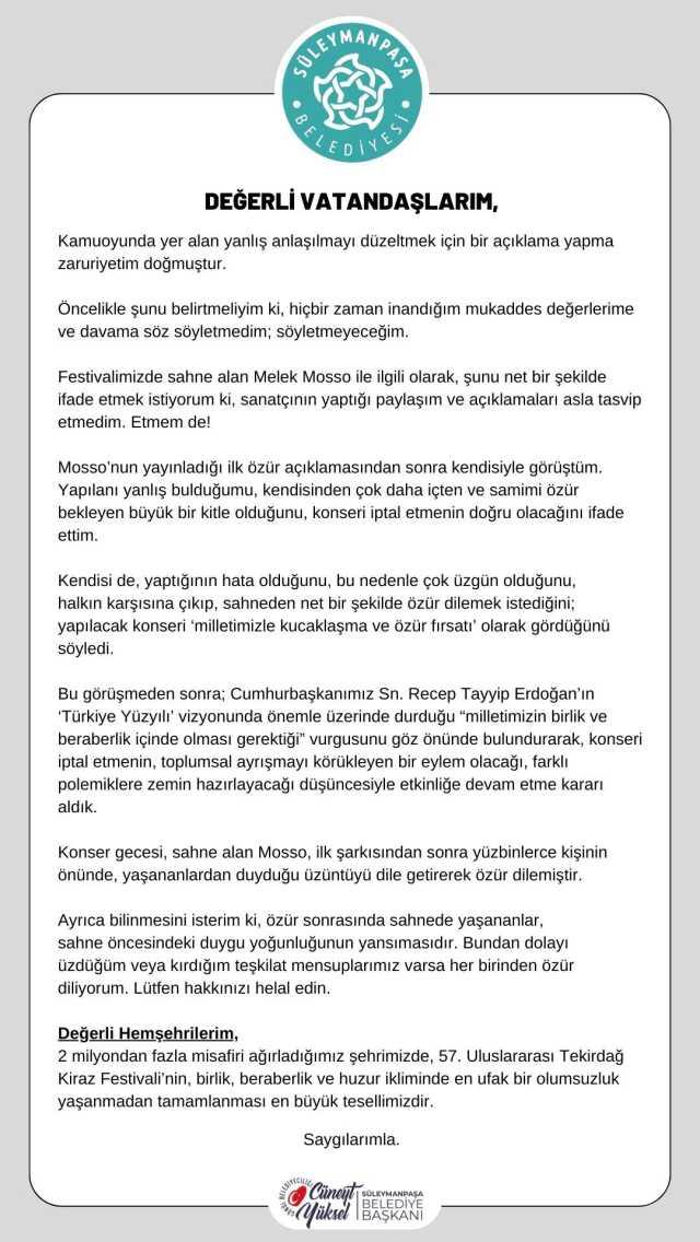Melek Mosso konseriyle gündeme gelen Süleymanpaşa Belediye Başkanı Cüneyt Yüksel istifa etti Melek Mosso konseriyle gündeme gelen Süleymanpaşa Belediye Başkanı Cüneyt Yüksel istifa etti