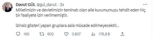 İstanbul Valisi Gül: 'İzinsiz gösterilere müsaade edilmeyecek'