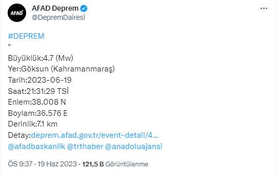 Son Dakika: Kahramanmaraş'ın Göksun ilçesinde 4.7 büyüklüğünde deprem meydana geldi