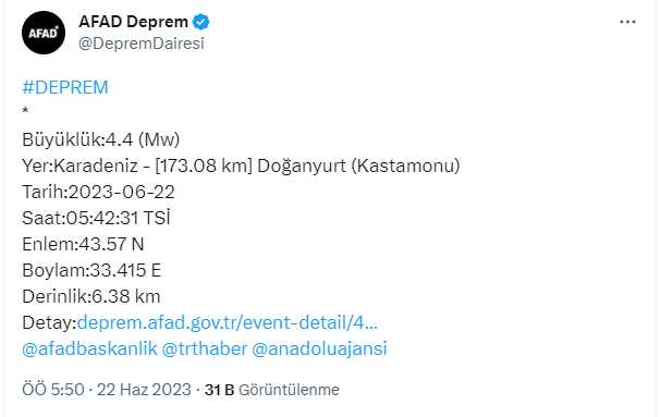 Kastamonu açıklarında 4,4 büyüklüğünde deprem