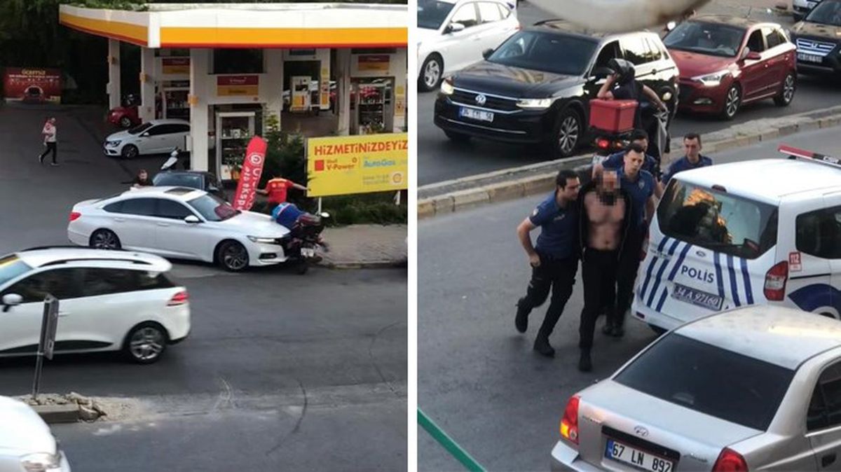 Bidonla benzin almak isteyen sürücü, olumsuz yanıt alınca otomobilini çalışanların üzerine sürdü