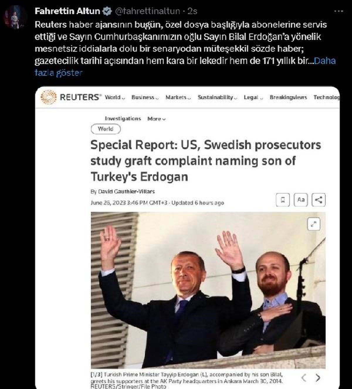 Cumhurbaşkanlığı İletişim Başkanı Fahrettin Altun, Reuters'ın Bilal Erdoğan'a yönelik haberini kınadı