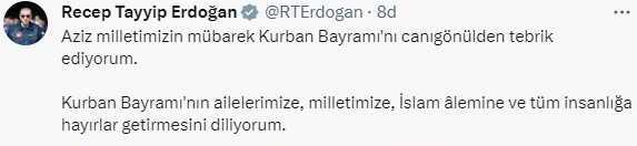 Cumhurbaşkanı Erdoğan'dan Kurban Bayramı tebriği