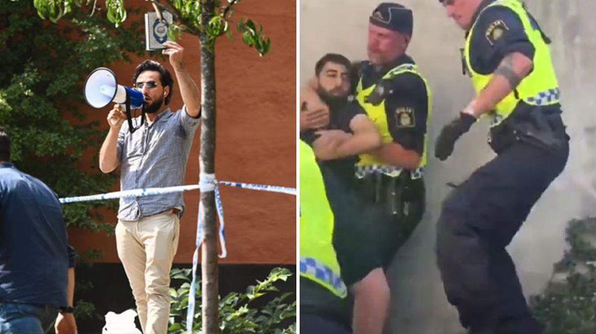 İsveç'te cami önünde Kur'an-ı Kerim yakan provokatöre taş atmak isteyen şahsa polis müdahale etti