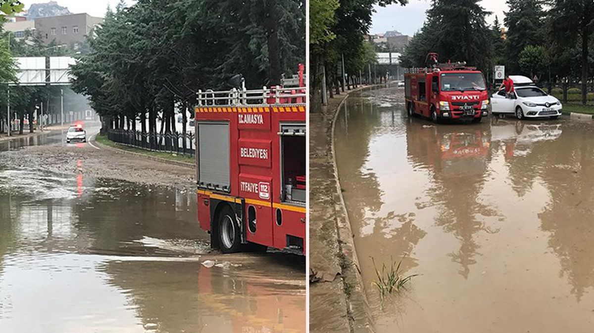 Amasya'da sağanak yağış hayatı durma noktasına getirdi, cadde ve sokaklar göle döndü