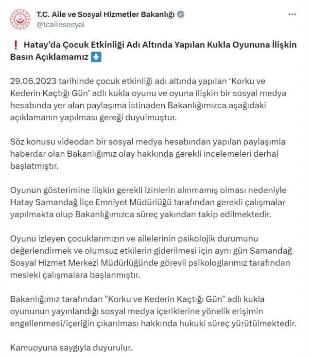 Aile ve Sosyal Hizmetler Bakanlığı, 'Korku ve Kederin Kaçtığı Gün' adlı kukla oyunuyla ilgili harekete geçti