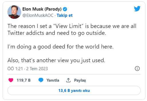 Elon Musk, Twitter'ı sınırlama gerekçesini açıkladı: Dünya için bir iyilik yapıyorum Elon Musk, Twitter'ı sınırlama gerekçesini açıkladı: Dünya için bir iyilik yapıyorum