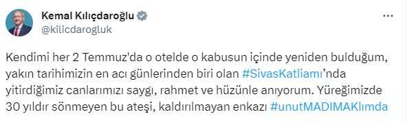 Kılıçdaroğlu'nun 'Madımak' paylaşımının altına herkes aynı yorumu yaptı: İstifa et