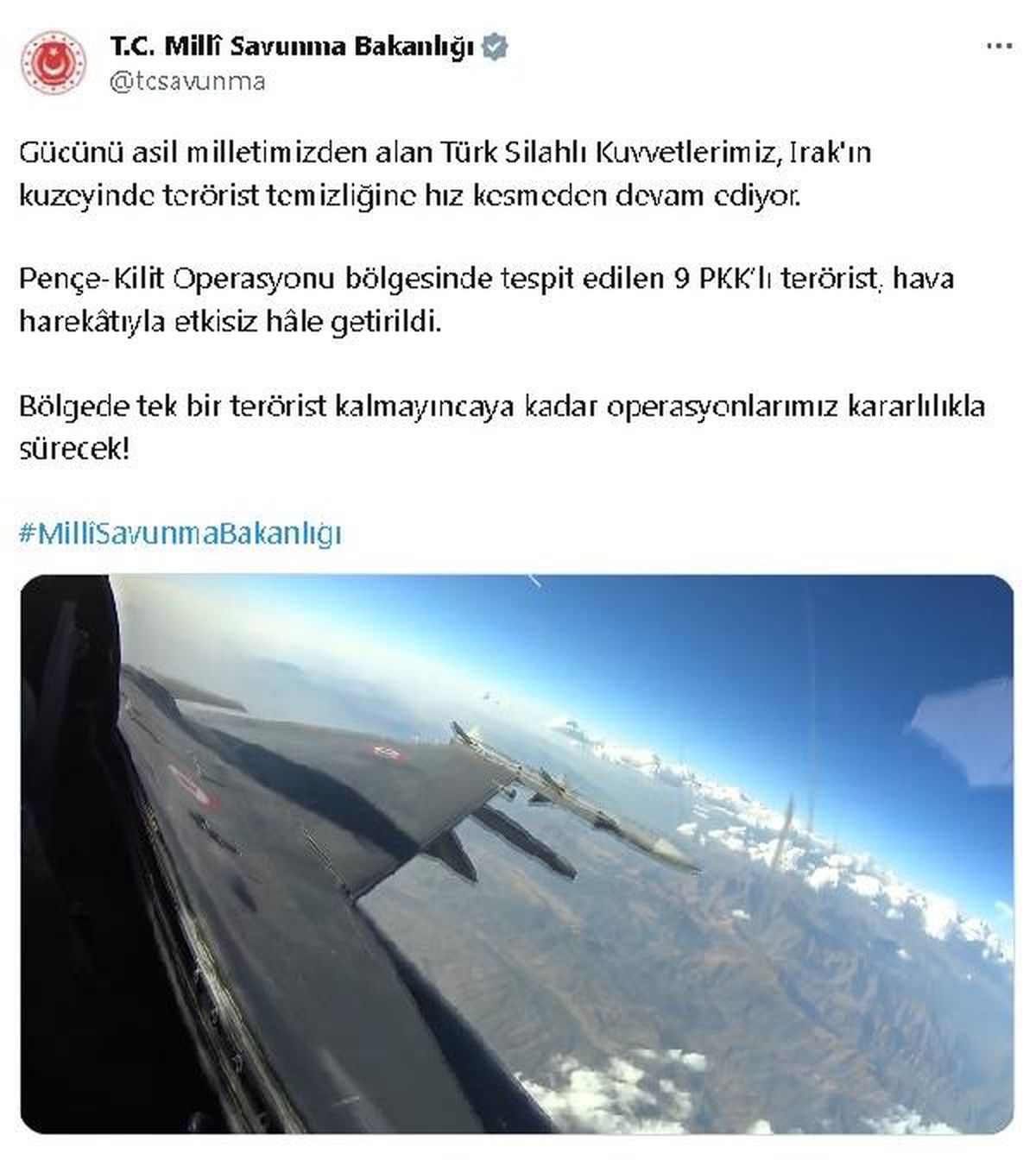 Pençe-Kilit Operasyonu Bölgesinde 9 PKK'lı Terörist Etkisiz Hale Getirildi