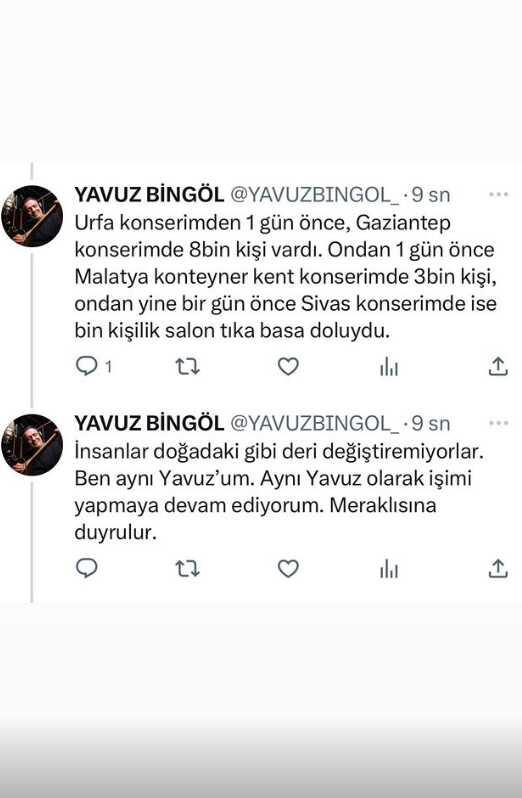 Şanlıurfa konserine sadece 8 kişi gelen Yavuz Bingöl'den ilginç paylaşım