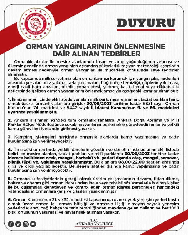 İstanbul'un ardından Ankara'da da ormanlık alanlara girişler yasaklandı İstanbul'un ardından Ankara'da da ormanlık alanlara girişler yasaklandı