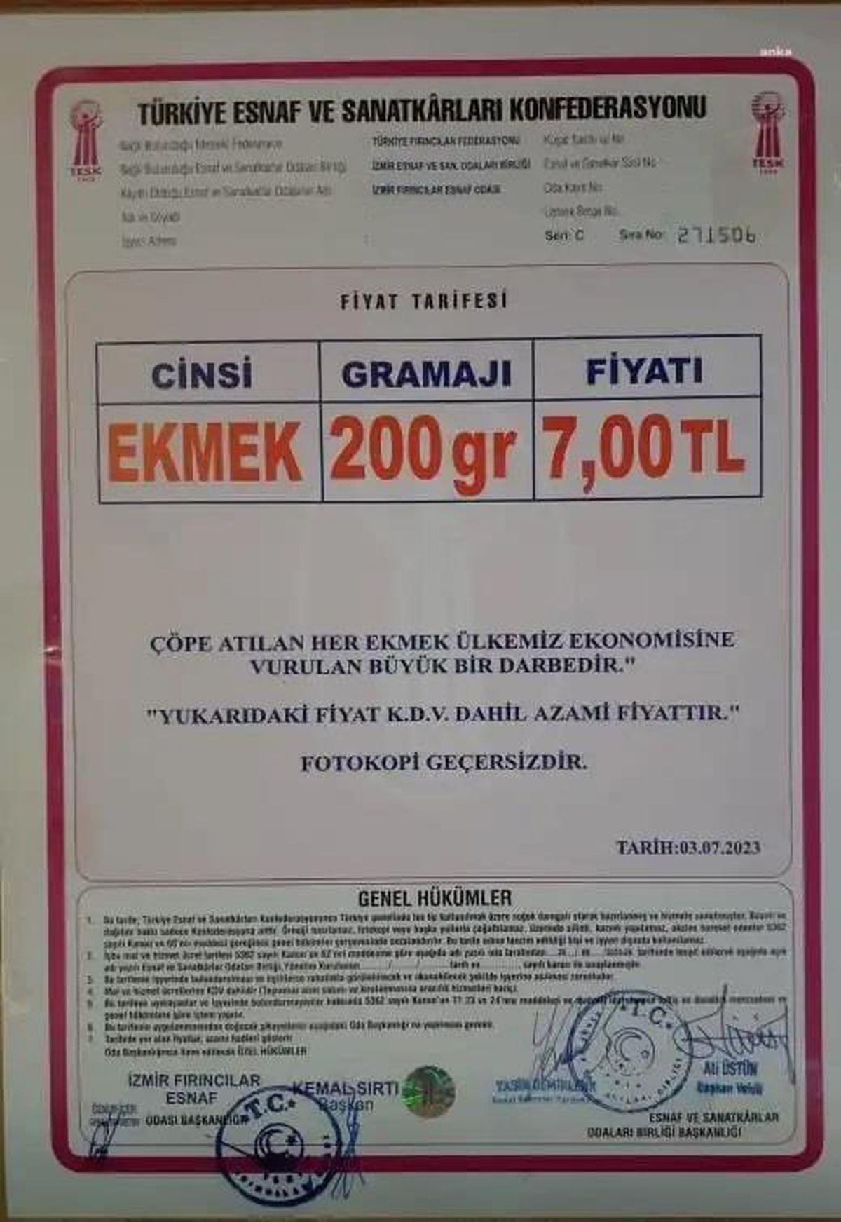 İzmir'de Ekmek Fiyatlarına Zam Geldi
