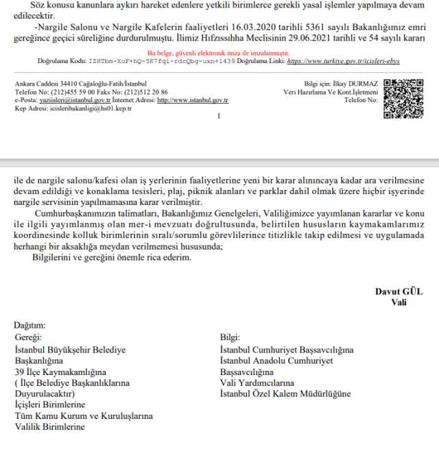 İstanbul Valiliği kafelerde nargile servisinin yasaklandığını duyurdu