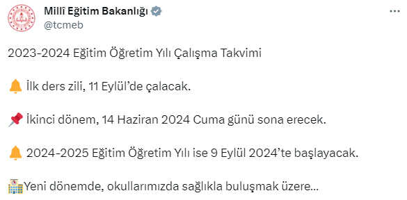 Son Dakika! 2023-2024 Eğitim Öğretim yılı 11 Eylül'de başlayacak