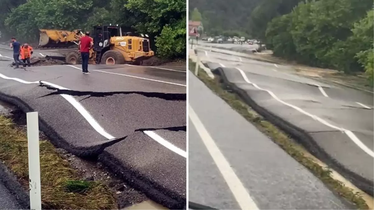 Zonguldak'daki sel yolda deprem etkisi yarattı! Asfalt kıvrım kıvrım oldu