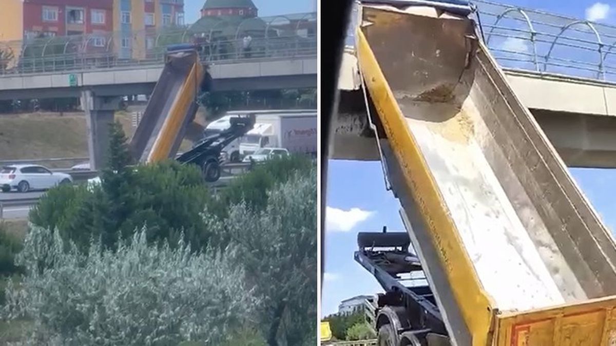 Damperi açılan hafriyat kamyonu üst geçitte sıkıştı, sürücüler uzun süre beklemek zorunda kaldı