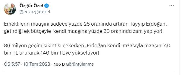 Özgür Özel: Erdoğan maaşına 40 bin lira zam yaptı