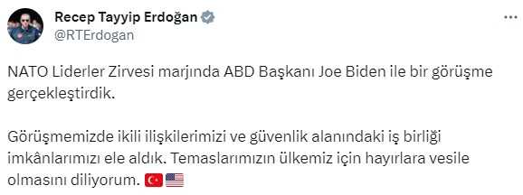 İletişim Başkanlığı: Erdoğan-Biden görüşmesinde siyasi, ekonomik ilişkiler, güvenlik alanındaki iş birliği imkanları ele alındı