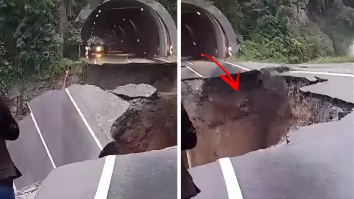 Ordu'da tünel çıkışında yol çöktü! Yaklaşıp aşağıya bakanlar gözlerine inanamıyor
