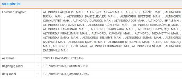 Ordu su kesintisi ne zaman gelecek? 11 Temmuz Ordu sular ne zaman gelecek? Ordu su kesintisi ne zaman bitecek?