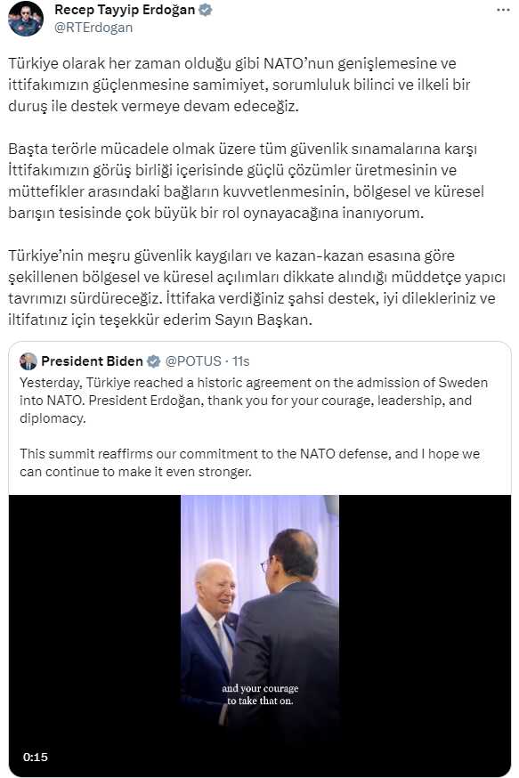 Cumhurbaşkanı Erdoğan, Biden'ın övgüsüne kayıtsız kalamadı