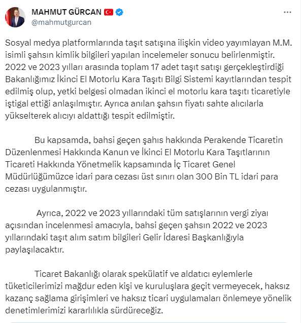 Al-sat videosuyla araç satışının hilelerini anlatan şahsa 300 bin TL ceza kesildi