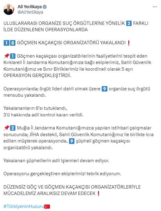 Son Dakika: Erdoğan sinyali vermişti! 2 ildeki operasyonlarda 18 göçmen kaçakçısı organizatörü yakalandı Son Dakika: Erdoğan sinyali vermişti! 2 ildeki operasyonlarda 18 göçmen kaçakçısı organizatörü yakalandı