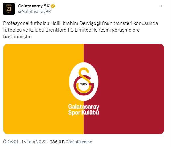 Son Dakika: Galatasaray, Halil Dervişoğlu'nun transferi için kulübü Brentford ve futbolcu ile görüşmelere başlandığını KAP'a bildirdi