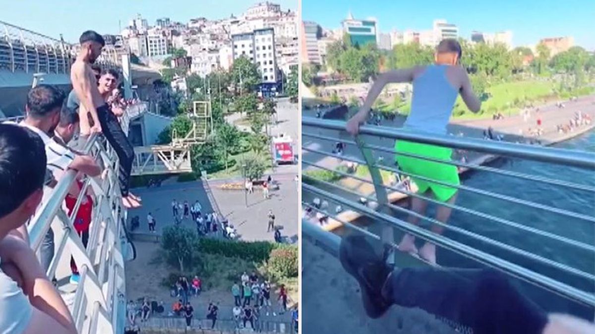 Beyoğlu'nda metro köprüsüne tırmanan gençler, metrelerce yükseklikten denize atladı! O anlar kamerada