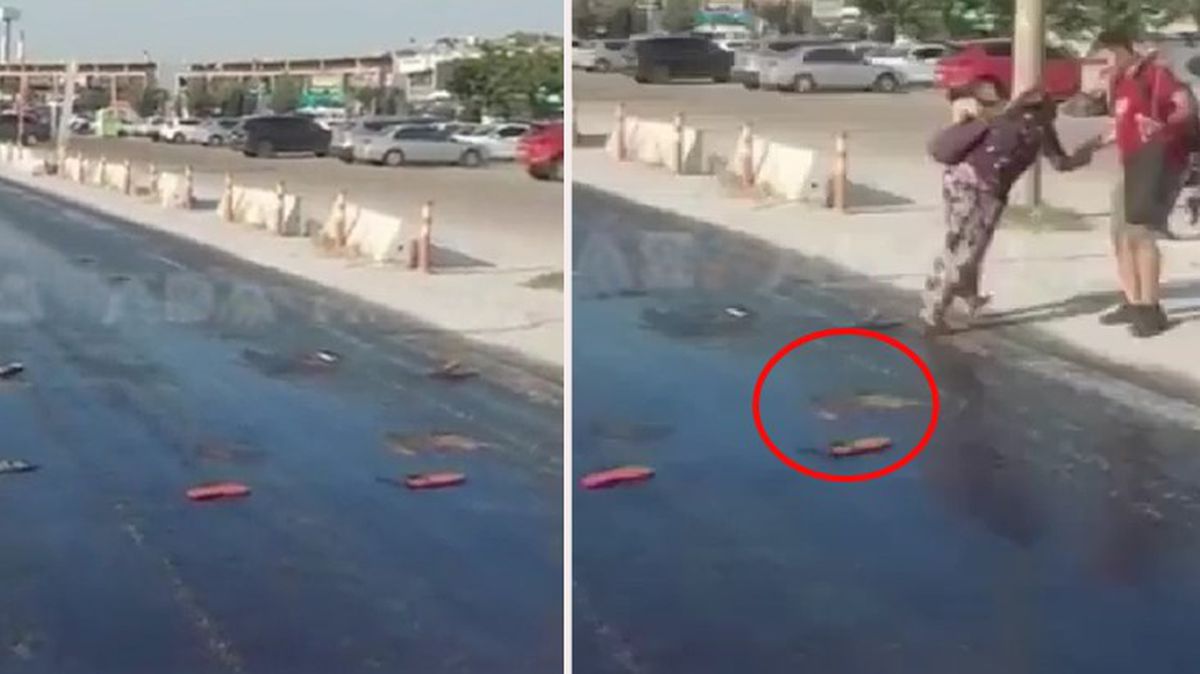 Kuşadası'nda aşırı sıcaklarda eriyen asfalta terlikler yapıştı