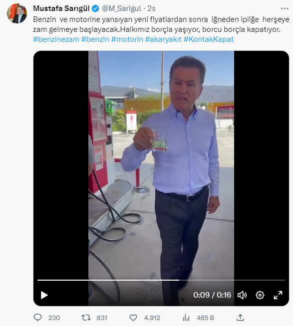 Sarıgül'den akaryakıta ÖTV zammına videolu tepki: Bir bardak benzin olmuş 10 TL