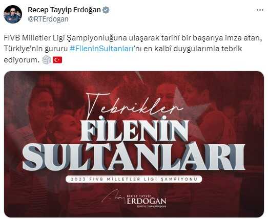 Cumhurbaşkanı Erdoğan, FIVB Milletler Ligi'nde şampiyonluğa ulaşan A Milli Kadın Voleybol Takımı'nı tebrik etti