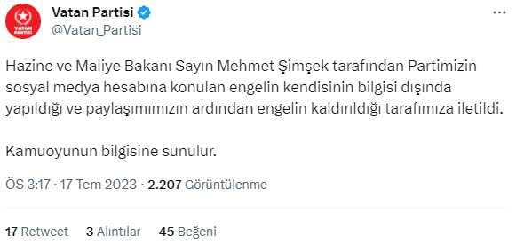 Mehmet Şimşek, Twitter'da Vatan Partisi'nin engelini kaldırdı Mehmet Şimşek, Twitter'da Vatan Partisi'nin engelini kaldırdı