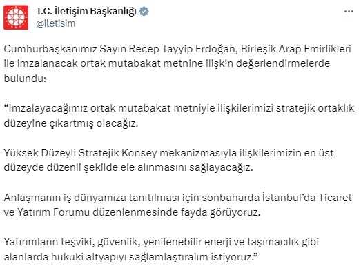 Son Dakika: Türkiye ile Birleşik Arap Emirlikleri arasında 50.7 milyar dolarlık anlaşma imzalandı
