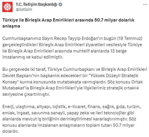 Son Dakika: Türkiye ile Birleşik Arap Emirlikleri arasında 50.7 milyar dolarlık anlaşma imzalandı