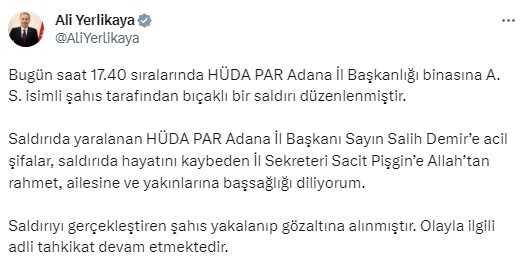 HÜDA PAR saldırısının ardından Bakan Yerlikaya duyurdu: Şüpheli şahıs yakalanıp gözaltına alındı