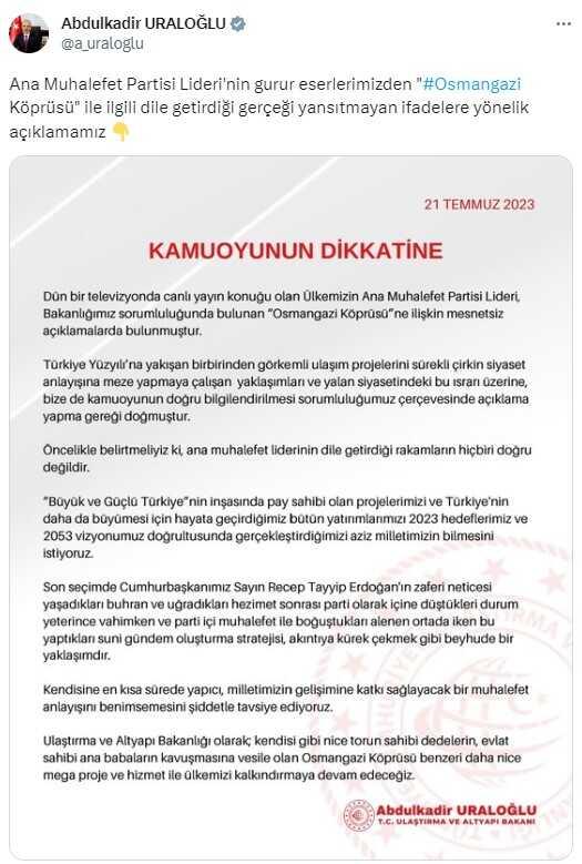 Ulaştırma Bakanı, Kılıçdaroğlu'nun Osmangazi Köprüsü açıklamalarını eleştirdi Ulaştırma Bakanı, Kılıçdaroğlu'nun Osmangazi Köprüsü açıklamalarını eleştirdi