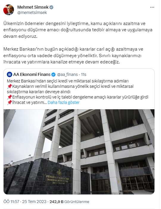 Bakan Şimşek: Merkez'in bugün atmış olduğu adımlar cari açığı ve enflasyonu düşürmeye yöneliktir
